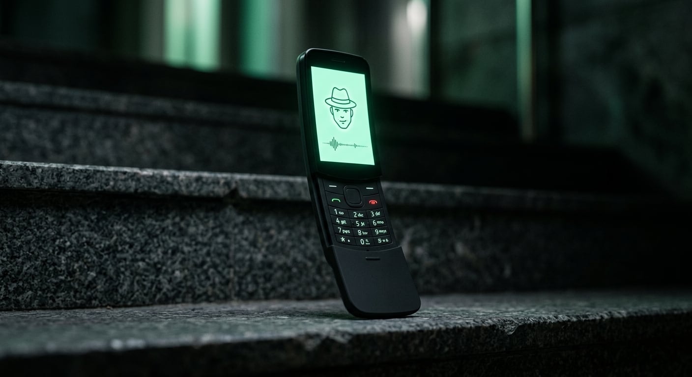 The Neo One, a black curved slider phone, standing open on dark stone steps; its small screen glows green with a listening waveform