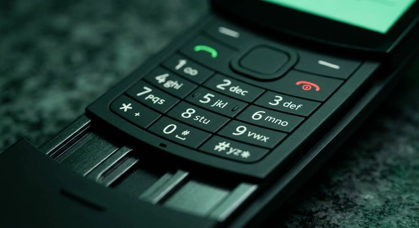 Close-up of the Neo One keypad with a green call key and a red end key, softly backlit