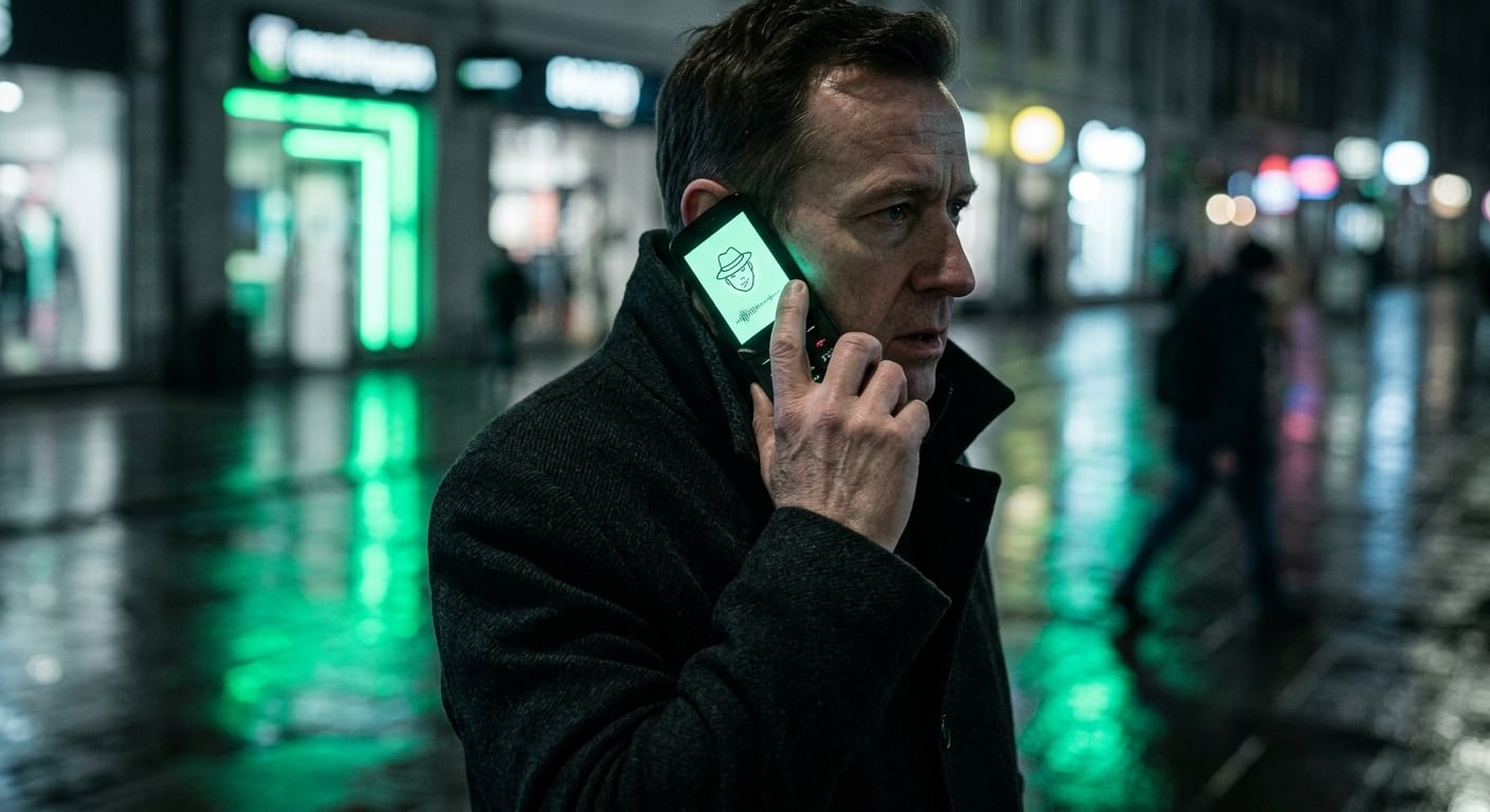 A person on a city street at night holding the Neo One to their ear, green reflections on wet pavement